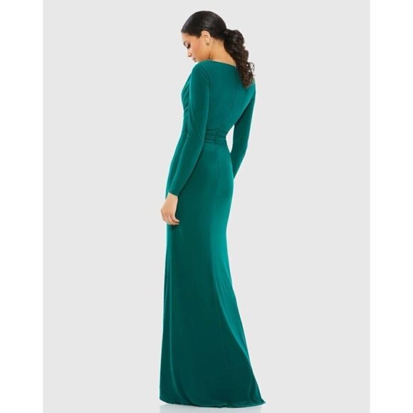 Mac Duggal Size 12 Green 26554 Long Sleeve Wrap Jersey Slit Gown Dress New - Picture 4 of 14